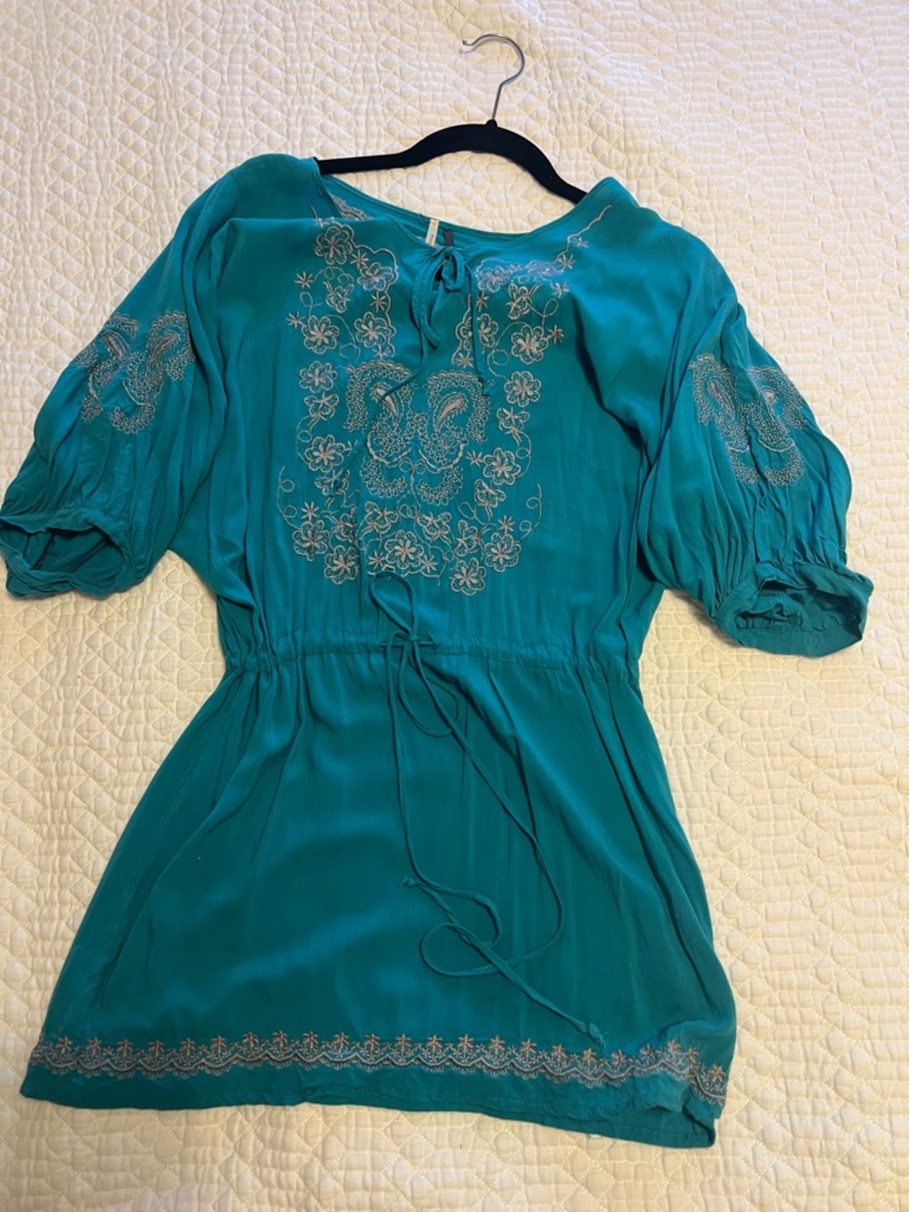 Teal Embroidered Peasant Top with Tie Waist